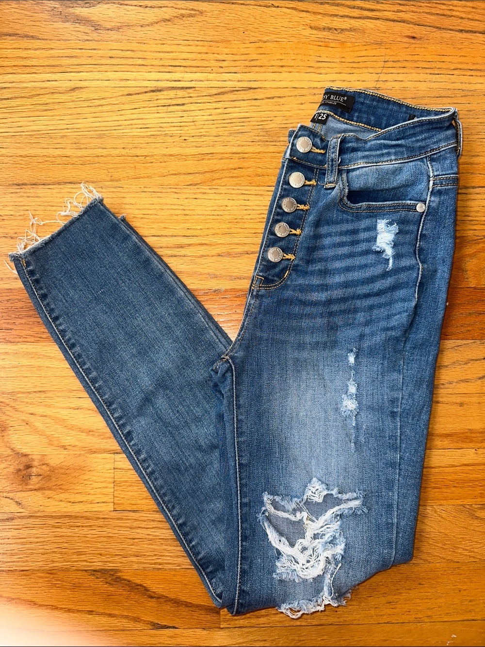Judy Blue Dark Wash Button-Fly Distressed High-Rise Skinny Jeans - Picture 2 of 7